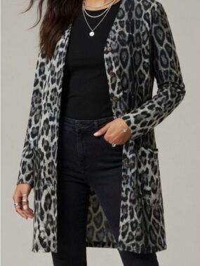 Leopard Print Button Down Long Cardigan with Pockets Black Gray Sz Large